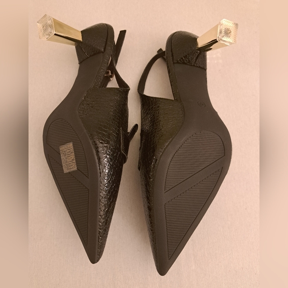 NEW Black Faux Patent Leather Embossed W/Gold & Acrylic Heels, Sz 41 (US 10) - Picture 12 of 16